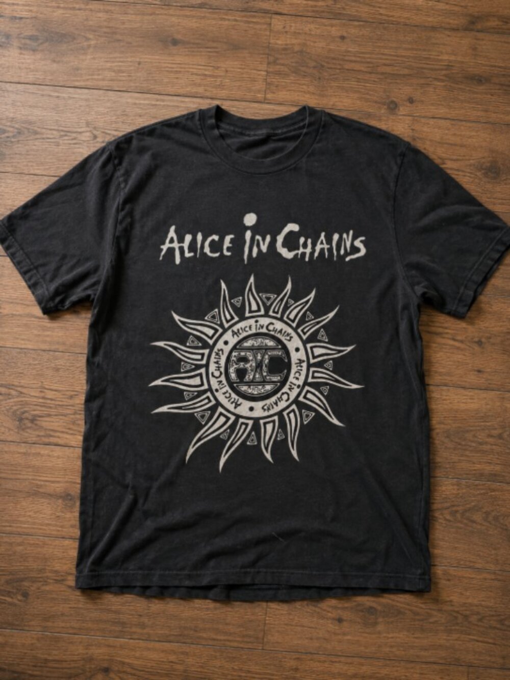 Black T-Shirt with White Sun Print Short Sleeve